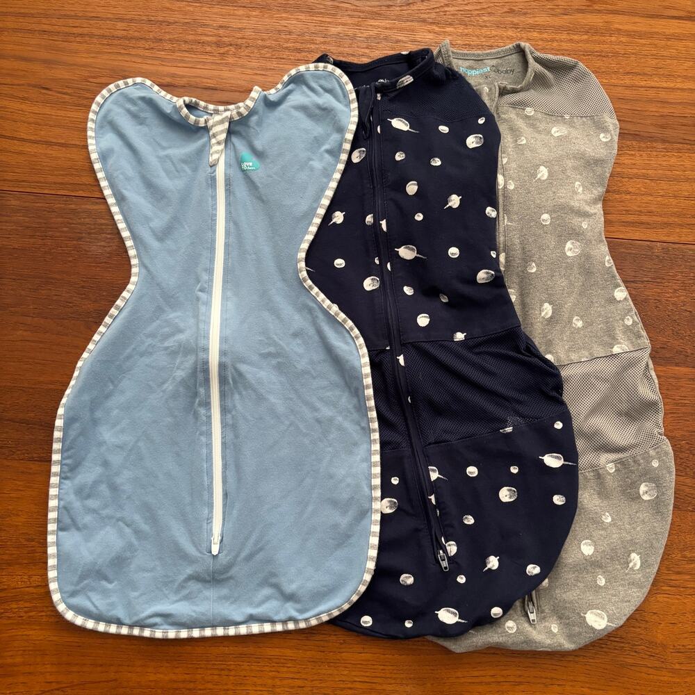 Bundle of three Happiest Baby Sleep sacks and Love to Dream baby swaddle